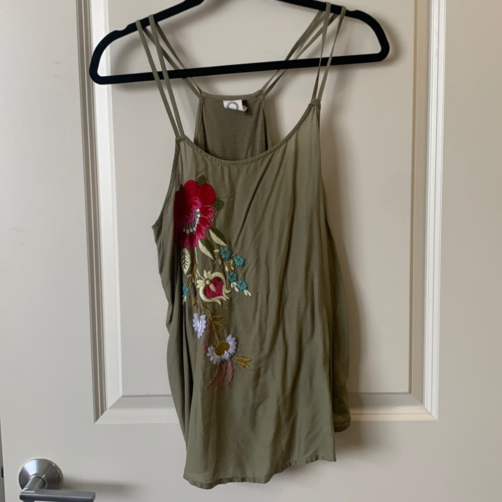 Anthropologie Green floral embroidered top